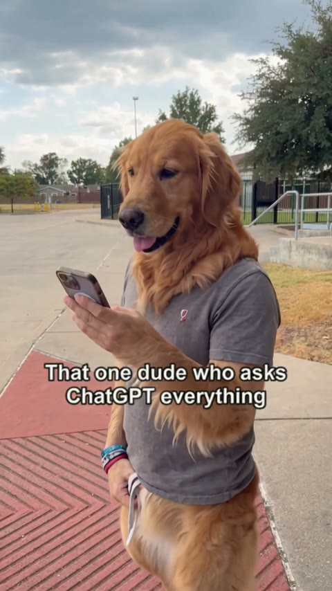 A golden retriever stands on its hind legs in a park and holds a phone to its mouth, asking ChatGPT how to become a millionaire